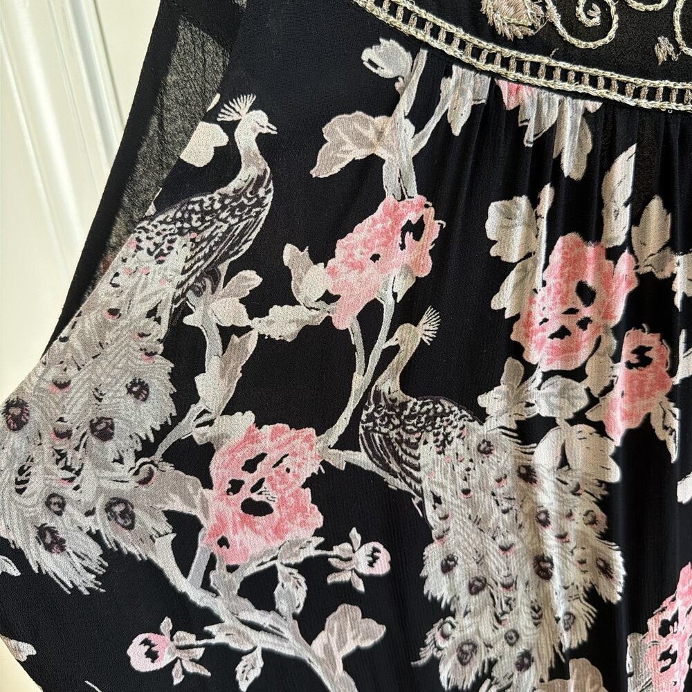 Monsoon Black Chiffon Silver Thread Peacock Floral Maxi Dress Boho Size 12 - Picture 7 of 13
